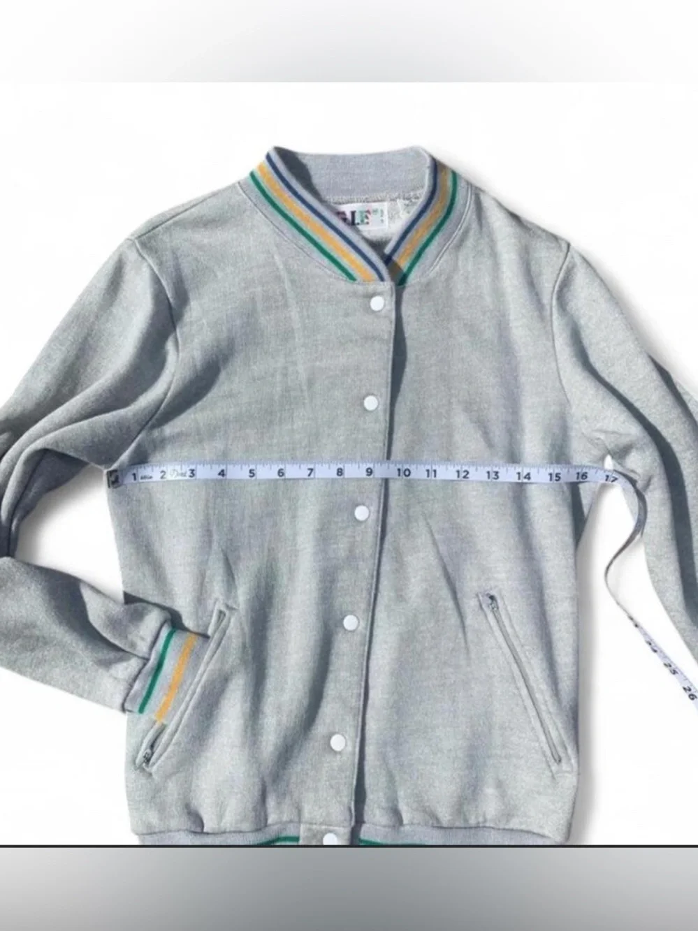 Preppy Vintage Varsity Jacket Heather Gray with Green, Yellow, and Blue Stripes
